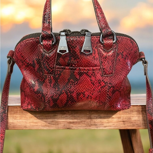 Aimee Kestenberg Leather Crimson Snake Print Satchel EUC - Picture 2 of 11